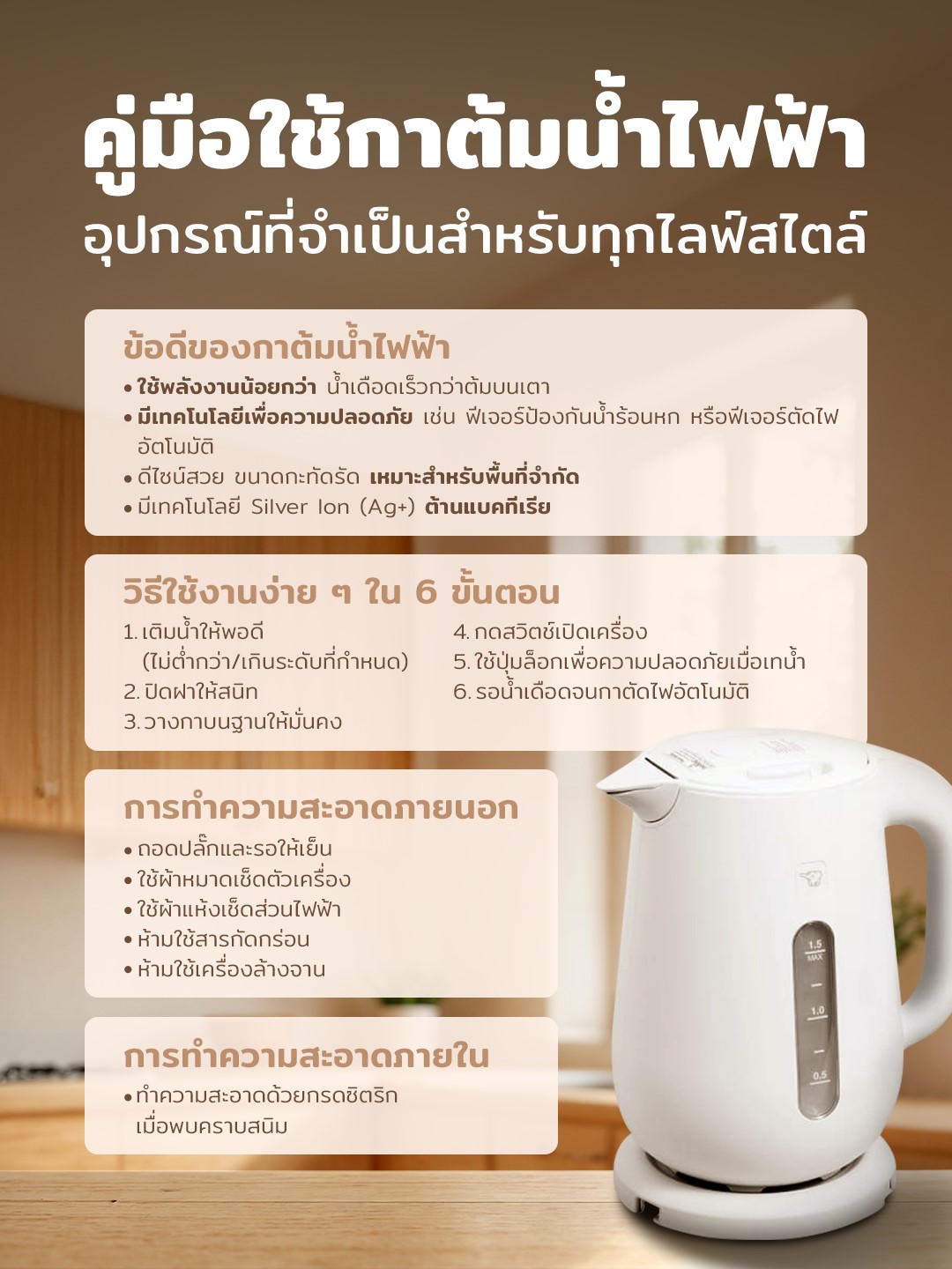 คู่มือรวมเรื่องที่ควรรู้และวิธีใช้กาต้มน้ำไฟฟ้า